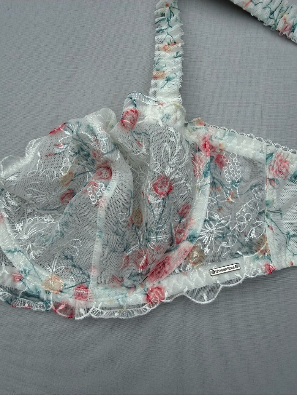 Floral Sheer Underwire Bra - white with Pink flowers